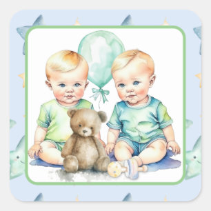 Waterverf Twin Boys Baby shower Vierkante Sticker