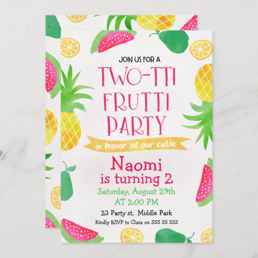 Waterverf Two-tti Frutti 2e Verjaardag Uitnodiging (Voorkant / Achterkant)