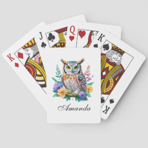 Waterverf uil en kleurrijke bloemen pokerkaarten