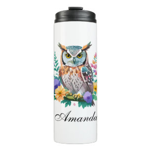 Waterverf uil en kleurrijke bloemen thermosbeker