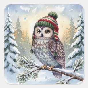 Waterverf Uil In Een Winterhoed Vierkante Sticker