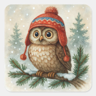 Waterverf Uil In Een Wintermuts Vierkante Sticker