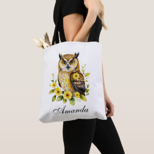 Waterverf uil met gele bloemen draagtas