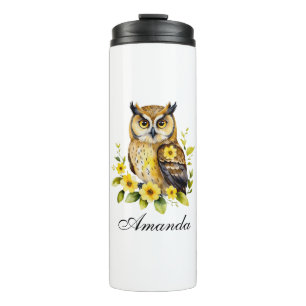 Waterverf uil met gele bloemen thermosbeker