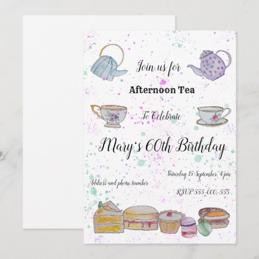 Waterverf Uitnodiging Thee Middag (Voorkant / Achterkant)
