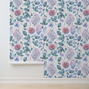 Waterverf Unicorn Crystals & Rozen Patroon Behang