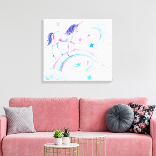 Waterverf Unicorn en regenboog Canvas Afdruk (Insitu (Woonkamer))