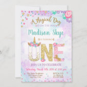 Waterverf Unicorn First Birthday Uitnodiging (Voorkant)