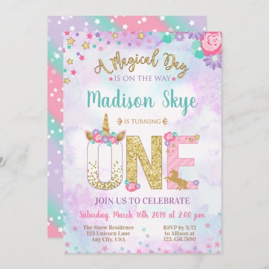 Waterverf Unicorn First Birthday Uitnodiging (Voorkant / Achterkant)