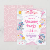 Waterverf Unicorn Kind Birthday Uitnodiging (Voorkant / Achterkant)