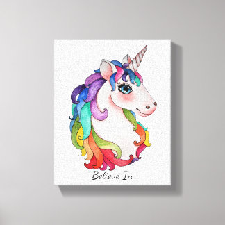 Waterverf Unicorn met regenbooghaar Canvas Afdruk