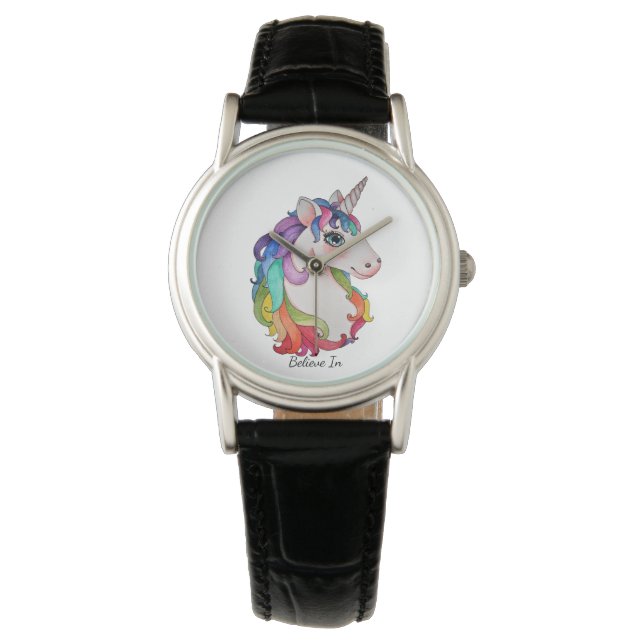 Waterverf Unicorn met regenbooghaar Horloge (Voorkant)