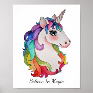Waterverf Unicorn met regenbooghaar Poster