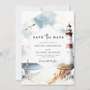 Waterverf Unique Waves Vuurtoren bruiloft Save The Date