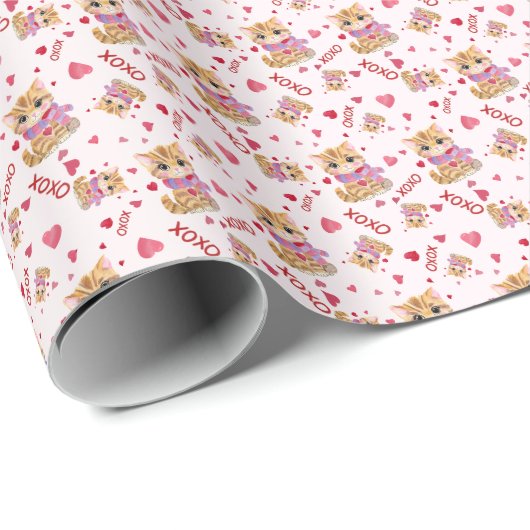 Waterverf Valentijnsdag Kat XOXO Pattern Cadeaupapier (Rol Hoek)