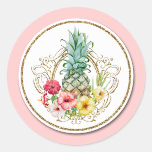Waterverf van ananas en Hibiscus Flowers Tropisch Ronde Sticker