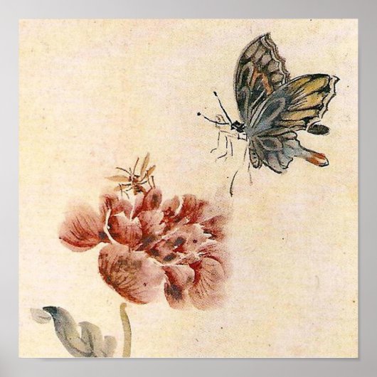 Waterverf van  bijen, vlinder en papaver poster (Voorkant)