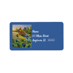 Waterverf van Boerderij met cedar Waxing Bird Blue Etiket