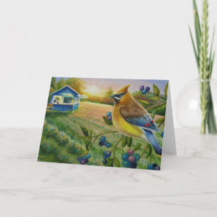 Waterverf van Boerderij met cedar Waxing Bird Blue Kaart