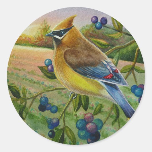 Waterverf van Boerderij met cedar Waxing Bird Blue Ronde Sticker (Voorkant)