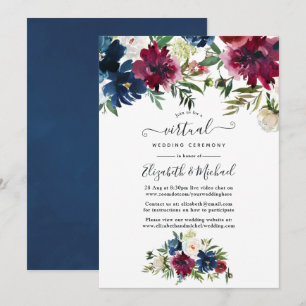 Waterverf van Bordo en marine - Floral Virtual Wed Kaart