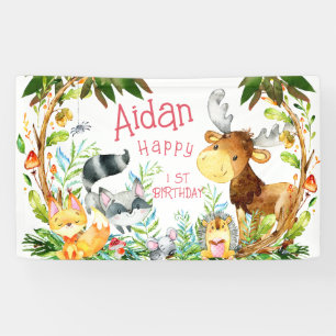 Waterverf van bosdieren in de Cute Woodland Birthd Spandoek