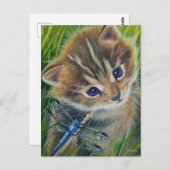 Waterverf van bruin Tabby Kitten en Dragonfly Briefkaart (Voorkant / Achterkant)