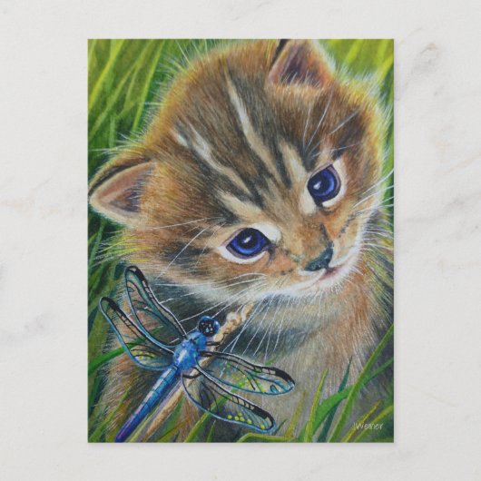 Waterverf van bruin Tabby Kitten en Dragonfly Briefkaart (Voorkant)