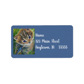 Waterverf van bruin Tabby Kitten en Dragonfly Etiket