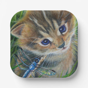 Waterverf van bruin Tabby Kitten en Dragonfly Papieren Bordje