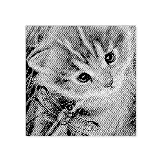 Waterverf van bruin Tabby Kitten en Dragonfly Rubberstempel (Afrduk)