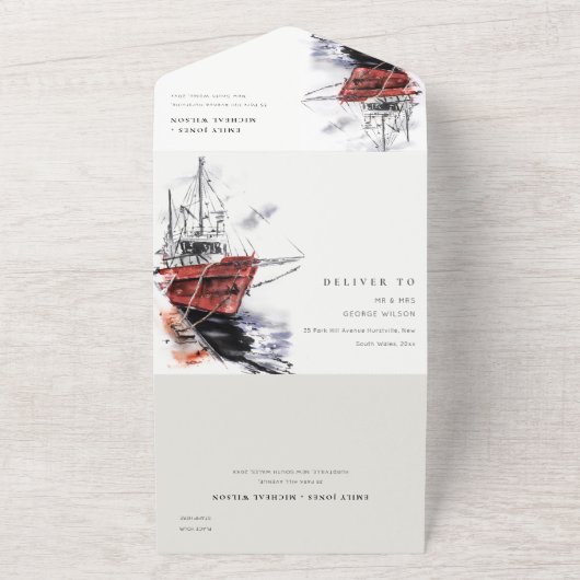 Waterverf van buitengaats zeilzeilzeilschip QR-cod All In One Uitnodiging (Buitenkant)