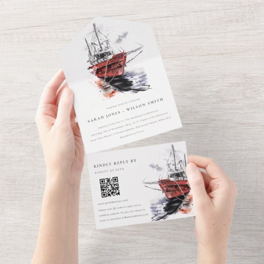 Waterverf van buitengaats zeilzeilzeilschip QR-cod All In One Uitnodiging (Afscheurbaar)