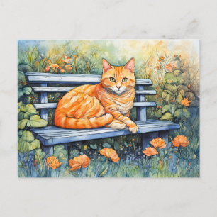 Waterverf van Cat on Bench in Flower Garden Briefkaart