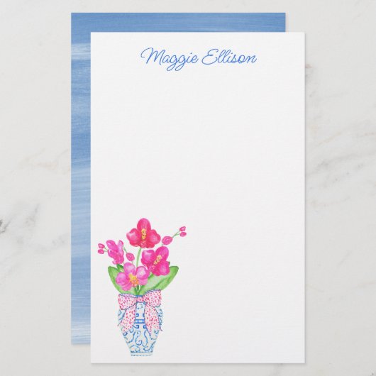 Waterverf van Chinoiserie Ginger Jar Orchid Briefpapier (Voorkant / Achterkant)