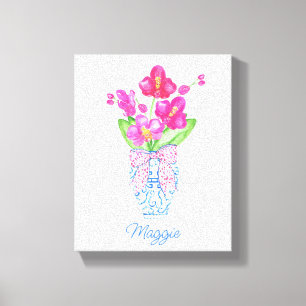 Waterverf van Chinoiserie Ginger Jar Orchids Canvas Afdruk