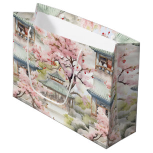 Waterverf van de Aziatische Pagode te midden van k Groot Cadeauzakje