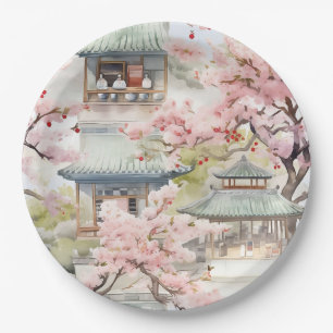 Waterverf van de Aziatische Pagode te midden van k Papieren Bordje