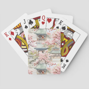 Waterverf van de Aziatische Pagode te midden van k Pokerkaarten