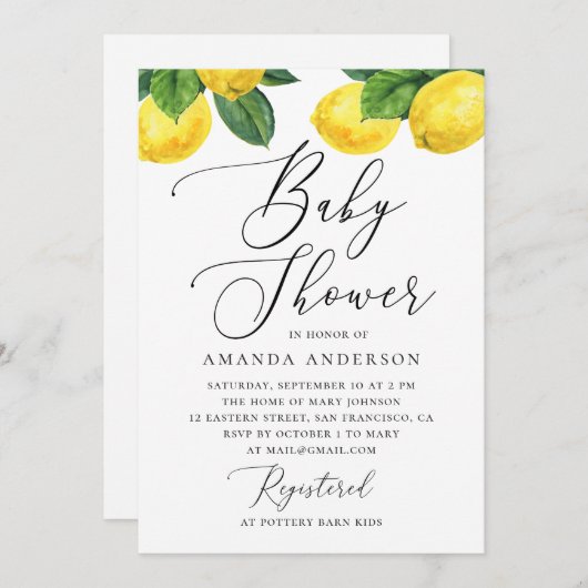 Waterverf van de citrustuin. Lemon script baby sho Kaart (Voorkant / Achterkant)