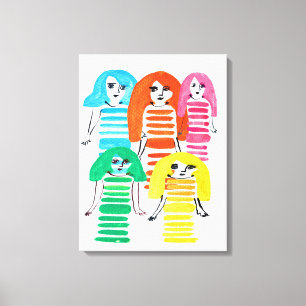 Waterverf van de grappige, kleurrijke meisjespop canvas afdruk