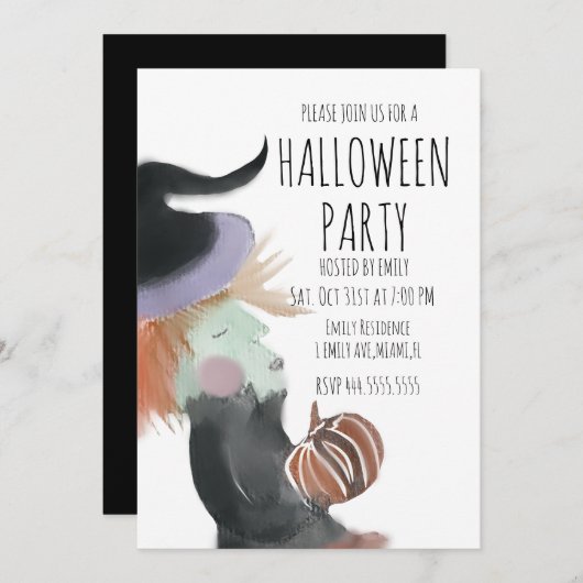 Waterverf van de Halloween-partij: Witch Pumpkin Kaart (Voorkant / Achterkant)