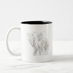 Waterverf van de jute-olifant met baby-schetsmidde tweekleurige koffiemok