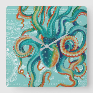 Waterverf van de Kaart van de octopus de Vierkante Klok