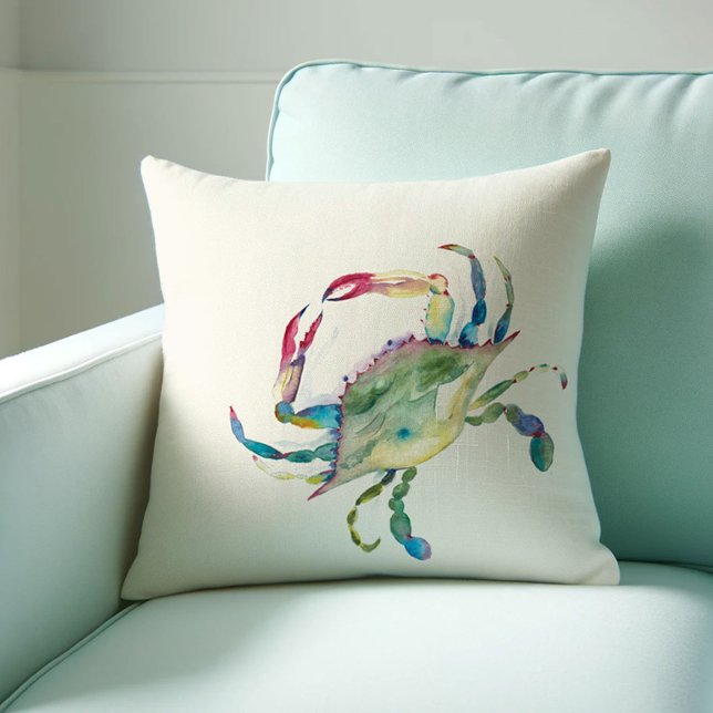 Waterverf van de kuststrook Maryland Blue Crab Kussen (Beach house decor throw pillow features watercolor blue crab art by Victoria Grigaliunas )