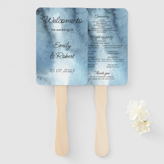 Waterverf van de mosterdblauwe marine handwaaier (Voorkant en achterkant)