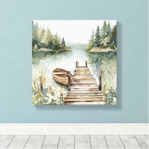 Waterverf van de Mountain Lake Boat Canvas Afdruk