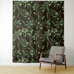 Waterverf van de olijvenbranche op zwarte inkt wandkleed