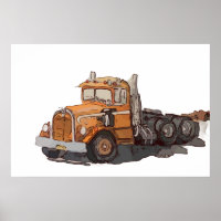 Waterverf van een oude oranje semi-tractor