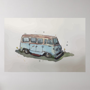 Waterverf van een roestige oude antiek bestelwagen poster
